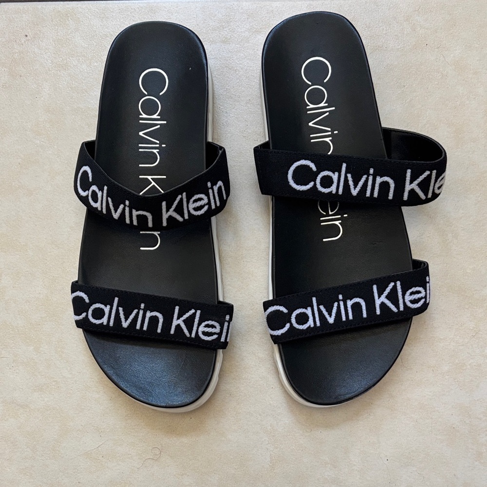 Calvin Klein Black and White Logo Slide Sandals